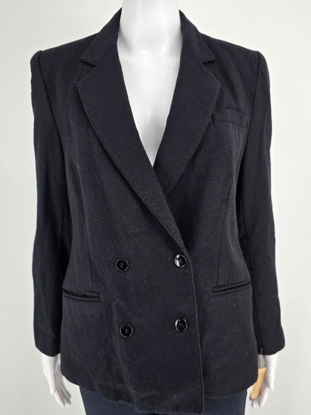 Vintage 1980s Haberdasher Women's Black Double-Breasted Wool Blazer (Small)